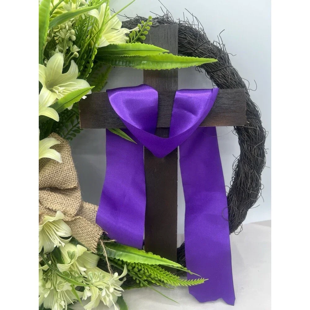 Easter Wreath Door Hanging Decoration with Cross,Bouquet Garland 12”